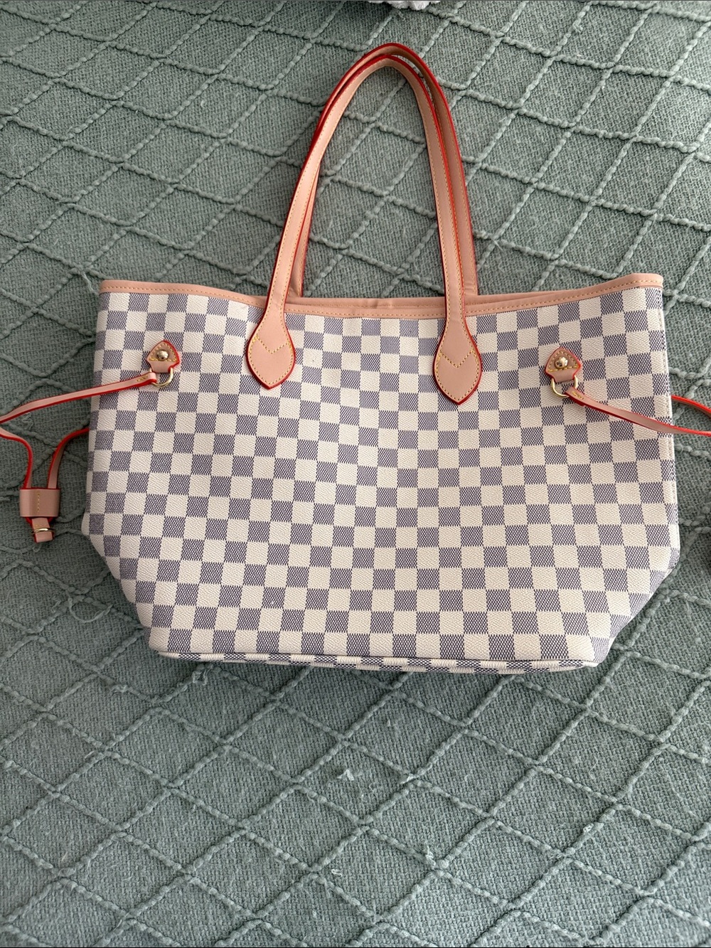 Beige Check Canvas Tote with Pink Trim
